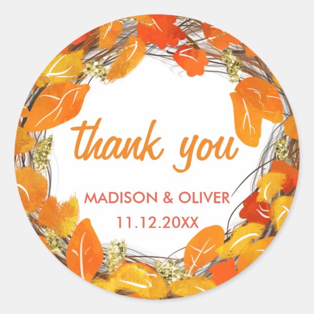 Thanksgiving Autumn Fall Leaves Wreath Thank You Classic Round Sticker (Front)