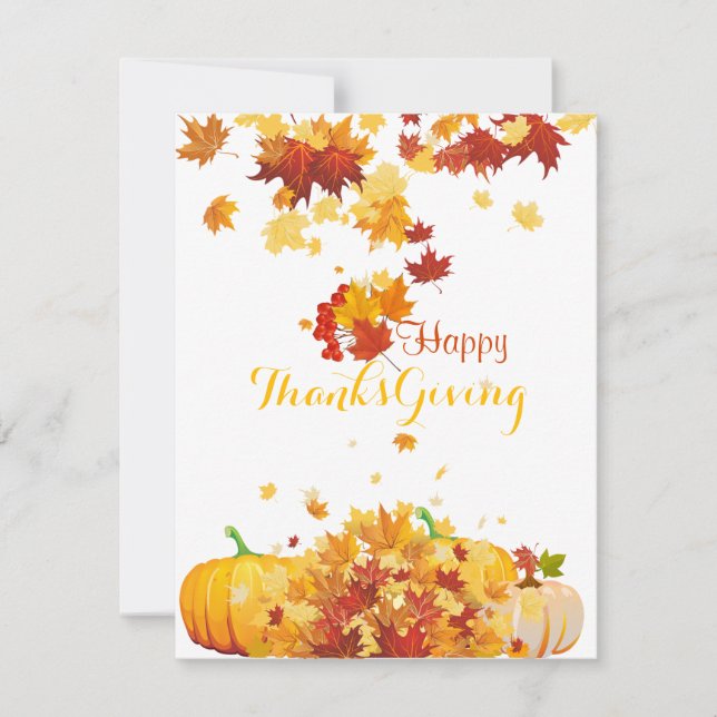 Thanksgiving Autumn Falling Leaves and Pumpkins Holiday Card (Front)