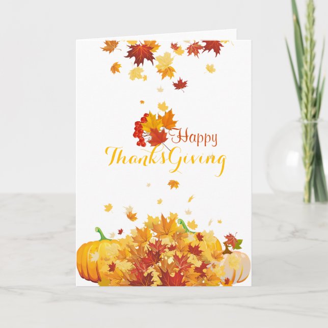 Thanksgiving Autumn Falling Leaves and Pumpkins Holiday Card (Front)