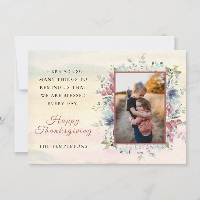 Thanksgiving Autumn Floral Photo Flat Holiday Card (Front)