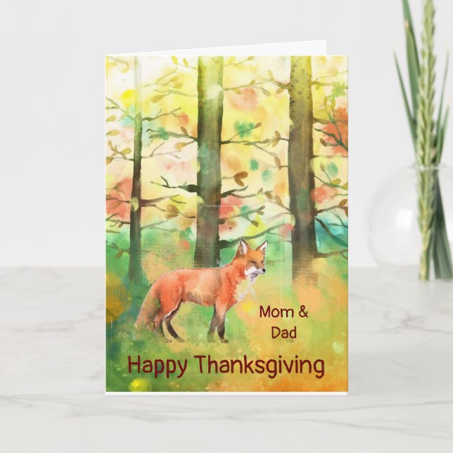 Thanksgiving Autumn Forest Fox Animal Art Mum Dad Holiday Card (Front)
