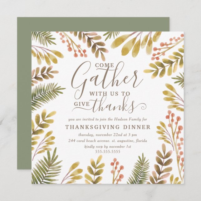 Thanksgiving Autumn Greenery Watercolor Wreath Invitation (Front/Back)