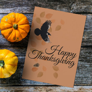 Thanksgiving Autumn Leaves Crow Fall Woodland Wind Holiday Card