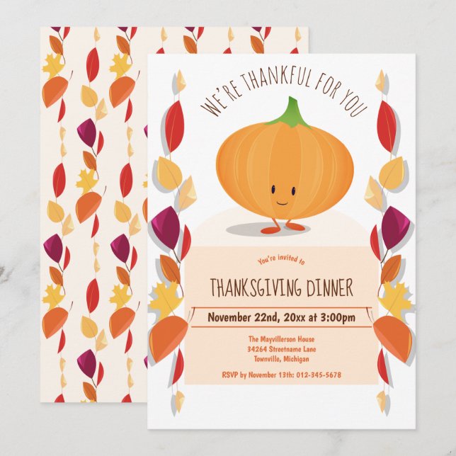 Thanksgiving Autumn Leaves Fun Pumpkin Cartoon Invitation (Front/Back)