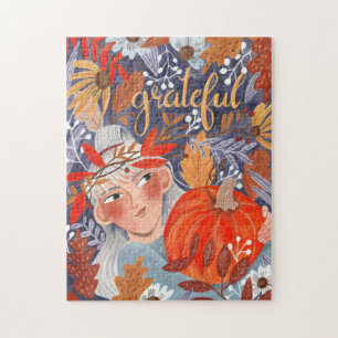 Thanksgiving autumn leaves grateful girl jigsaw puzzle