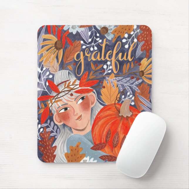 Thanksgiving autumn leaves grateful girl planner mouse mat (With Mouse)