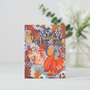 Thanksgiving autumn leaves grateful girl postcard