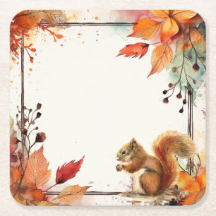 Thanksgiving Autumn Leaves Squirrel Square Paper Coaster