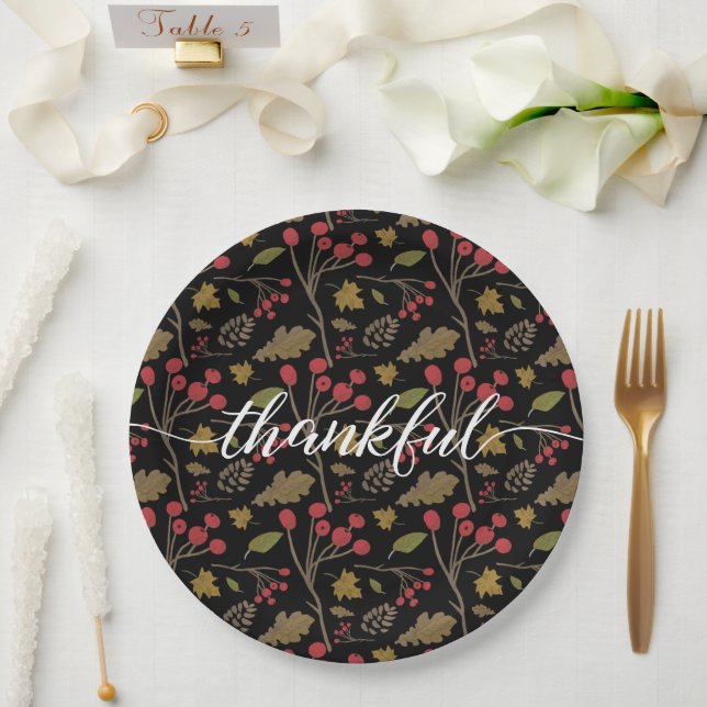 Thanksgiving Autumn Leaves Thankful Script Paper Plate (Wedding)
