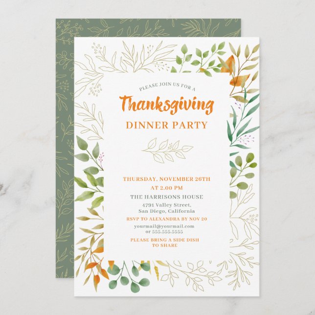 Thanksgiving Autumn Leaves Watercolor Fall Foliage Invitation (Front/Back)