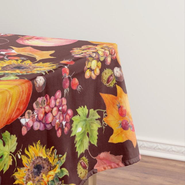 Thanksgiving Autumn Pumpkins Sunflower on Burgundy Tablecloth (In Situ)