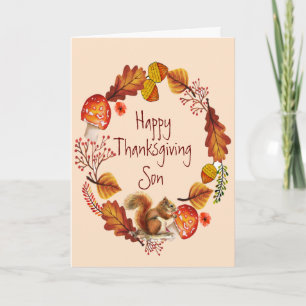 Thanksgiving Autumn Red Squirrel Animal Wreath Son Holiday Card