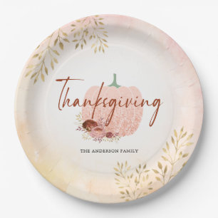 Thanksgiving Autumn Rose Gold Glitter Pumpkin Paper Plate