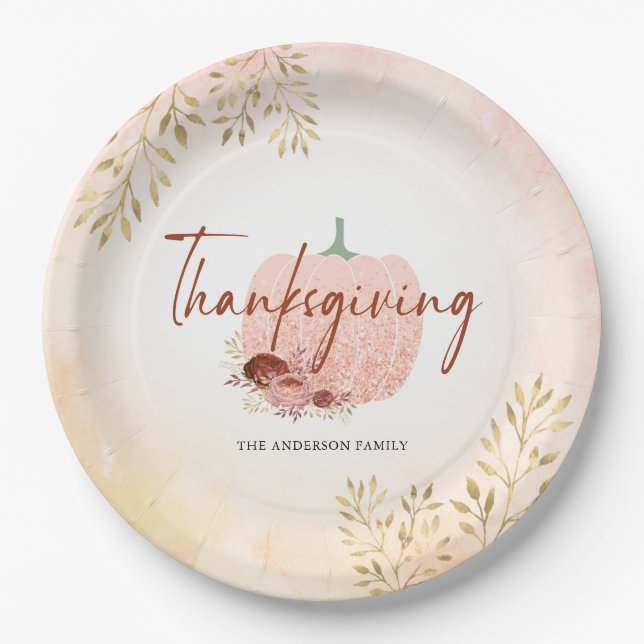 Thanksgiving Autumn Rose Gold Glitter Pumpkin Paper Plate (Front)