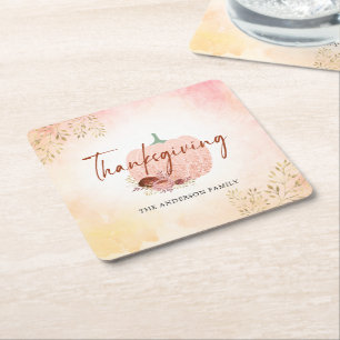 Thanksgiving Autumn Rose Gold Glitter Pumpkin Square Paper Coaster