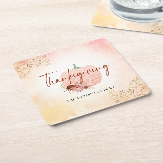 Thanksgiving Autumn Rose Gold Glitter Pumpkin Square Paper Coaster (Angled)