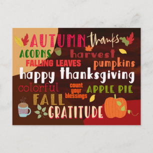 Thanksgiving Autumn Wordart Colourful Typography Postcard