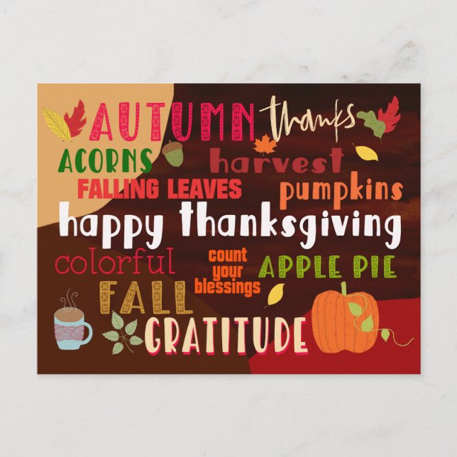 Thanksgiving Autumn Wordart Colourful Typography Postcard (Front)