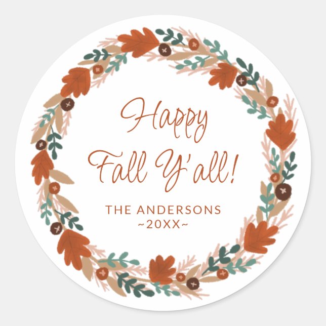 Thanksgiving Autumn Wreath Happy Fall Y’all Classic Round Sticker (Front)