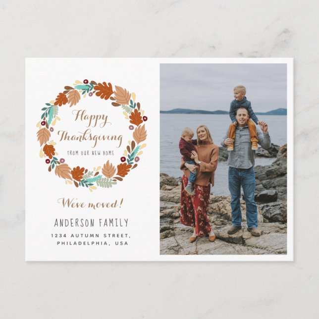 Thanksgiving Autumn Wreath Holiday Moving Photo  Announcement Postcard (Front)
