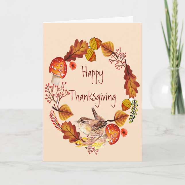 Thanksgiving Autumn Wreath House Wren Bird  Holiday Card (Front)