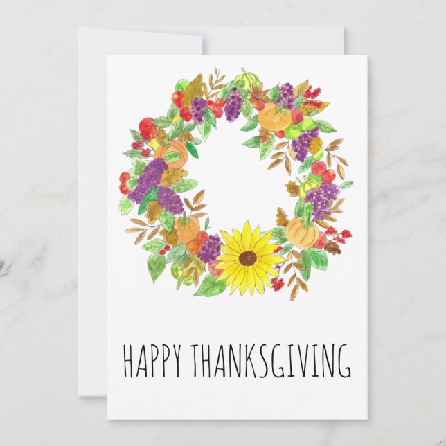 Thanksgiving Autumn wreath in watercolor Holiday Card (Front)
