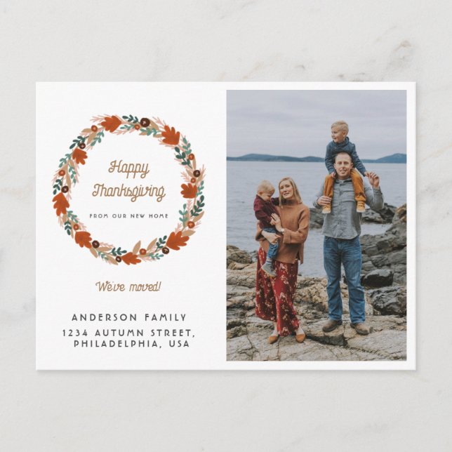 Thanksgiving Autumn Wreath Photo Holiday Moving Announcement Postcard (Front)