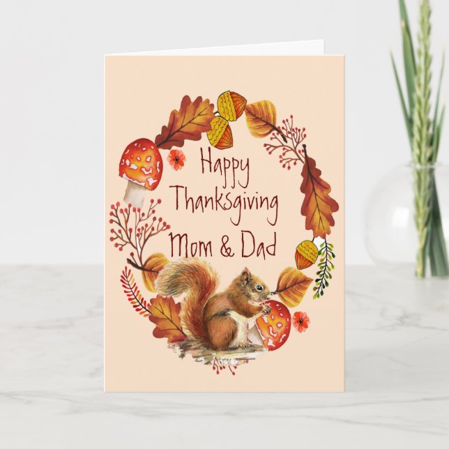 Thanksgiving Autumn Wreath Squirrel Mum Dad Holiday Card (Front)