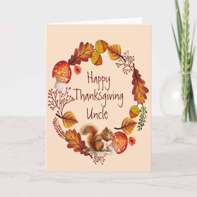 Thanksgiving Autumn Wreath Uncle Red Squirrel Holiday Card (Front)
