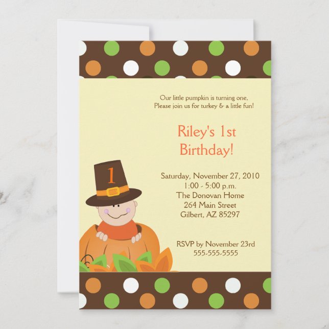 Thanksgiving Baby Pumpkin 5x7 Birthday Invitation (Front)