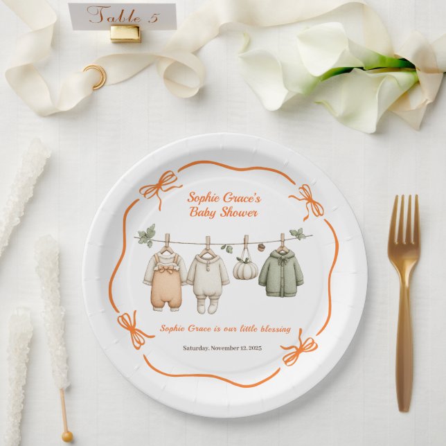 Thanksgiving Baby Shower Girl | Cosy Clothesline Paper Plate (Wedding)