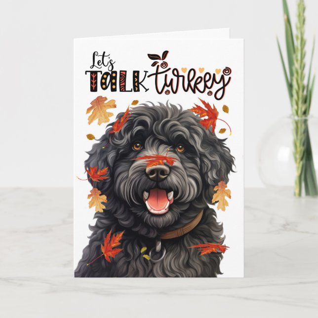 Thanksgiving Barbet Dog Let's Talk Turkey Holiday Card (Front)
