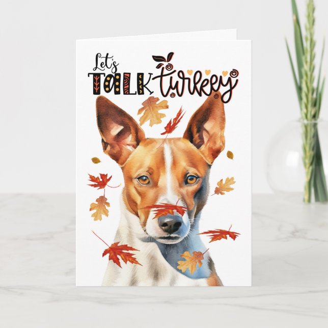 Thanksgiving Basenji Dog Let's Talk Turkey Holiday Card (Front)