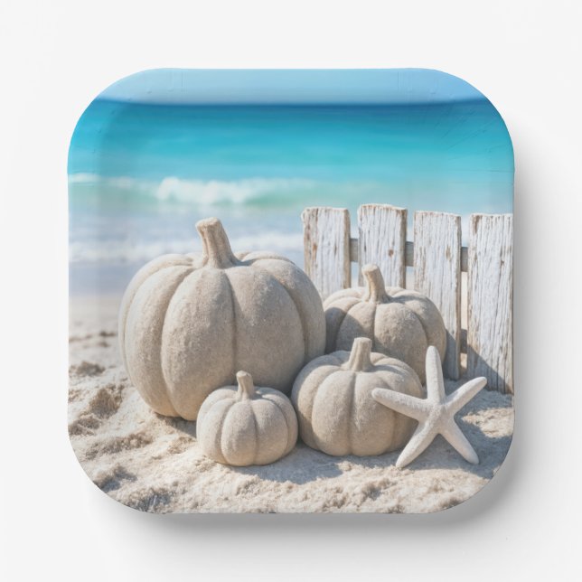 Thanksgiving Beach Sand Pumpkins and Starfish Paper Plate (Front)
