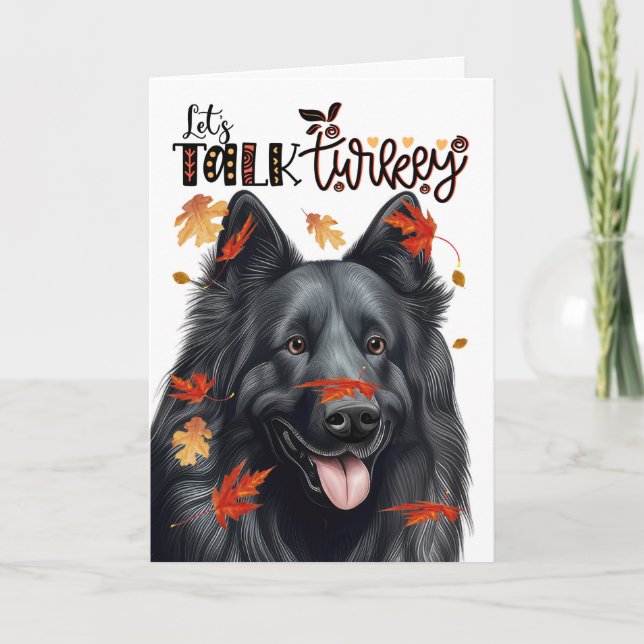 Thanksgiving Belgian Sheepdog Let's Talk Turkey Holiday Card (Front)