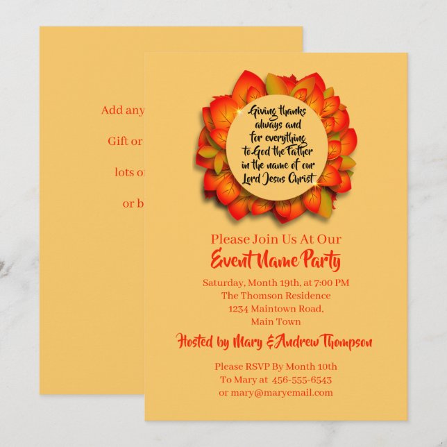 Thanksgiving Bible Quote Autumn Leaf Invitation (Front/Back)
