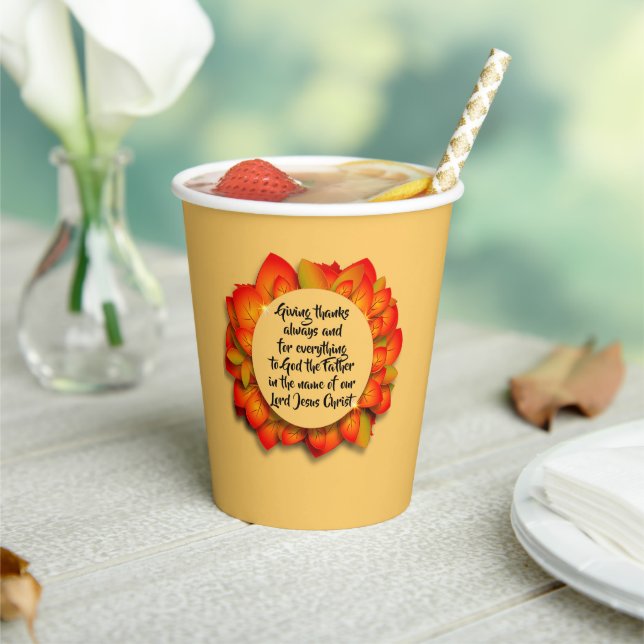 Thanksgiving Bible Quote Autumn Leaf Paper Cups (Insitu)