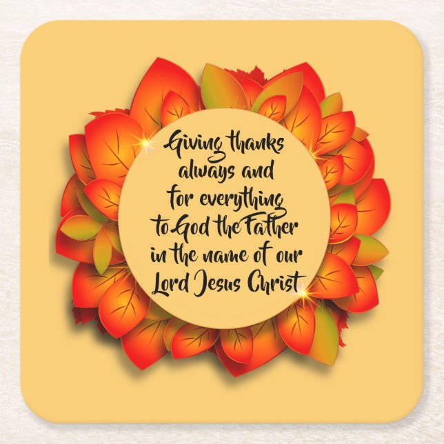 Thanksgiving Bible Quote Autumn Leaf Square Paper Coaster (Front)
