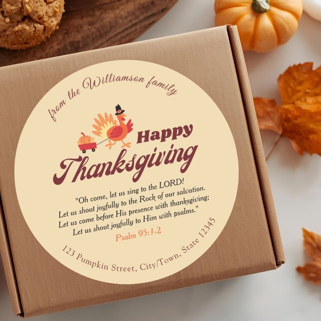 Thanksgiving Bible Verse | Custom Name & Address  Classic Round Sticker (Creator Uploaded)