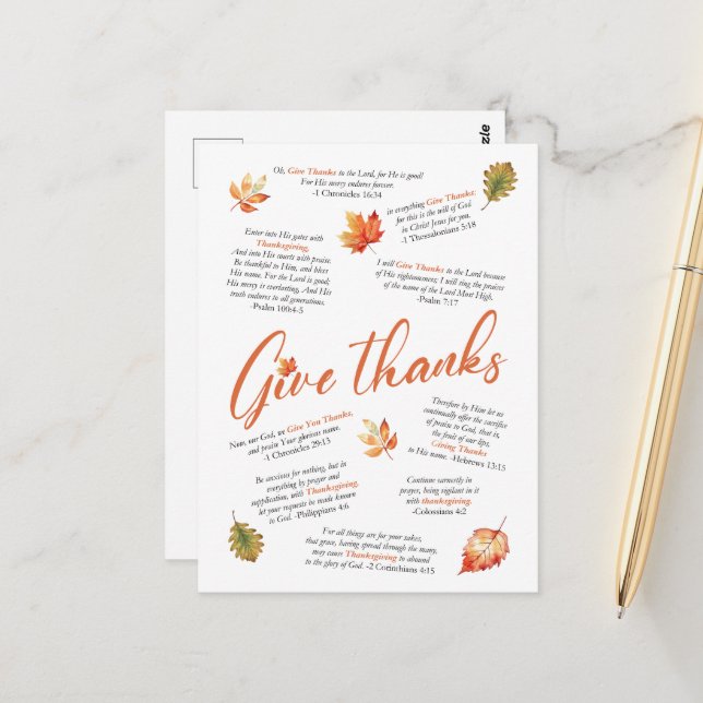 Thanksgiving Bible Verses with Autumn Leaves Postcard (Front/Back In Situ)