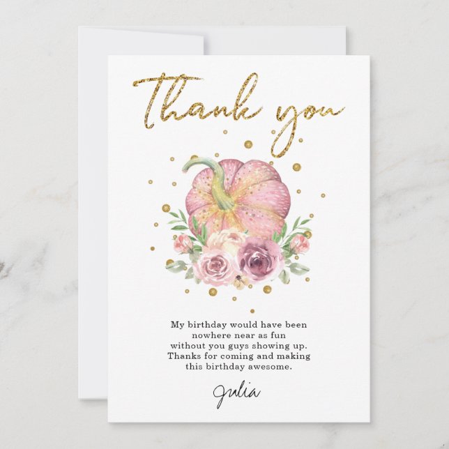 Thanksgiving Birthday Pumpkin Pink Thank You Card (Front)