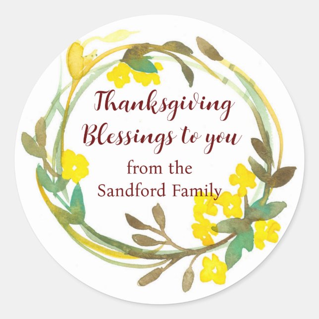 Thanksgiving Blessings Custom Family Name Flowers Classic Round Sticker (Front)
