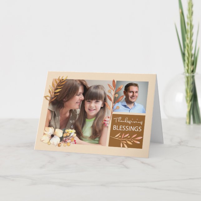 Thanksgiving Blessings Fall Leaves With Two Photos Card (Front)