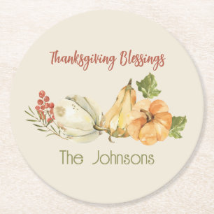'Thanksgiving Blessings' Watercolor Personalized  Round Paper Coaster