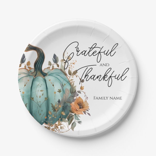 Thanksgiving Blue Pumpkin Rustic Paper Plates (Front)