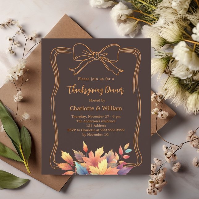 Thanksgiving bow bistre brown leaves invitation (Creator Uploaded)