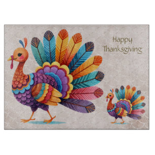 Thanksgiving Bright Feathers Turkey Cutting Board