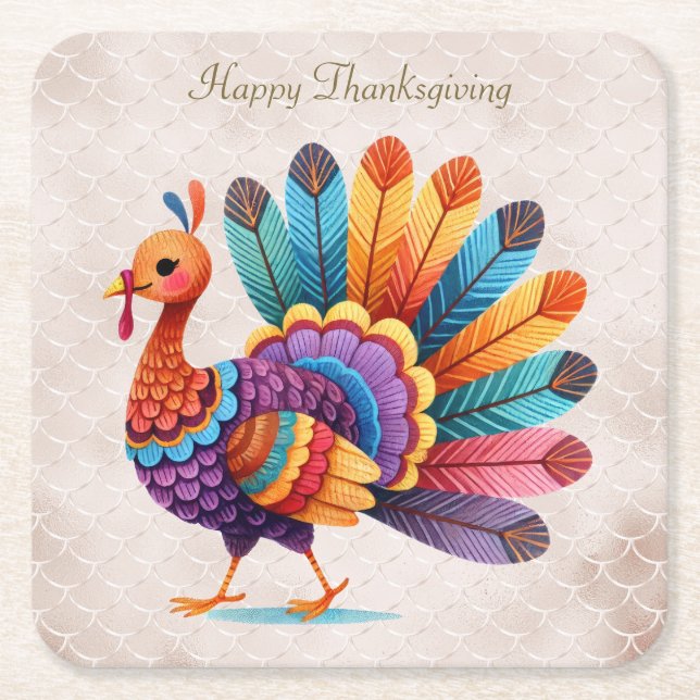 Thanksgiving Bright Feathers Turkey Paper Coaster (Front)