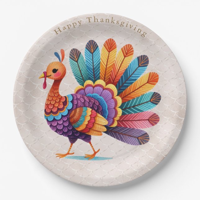 Thanksgiving Bright Feathers Turkey Paper Plate (Front)