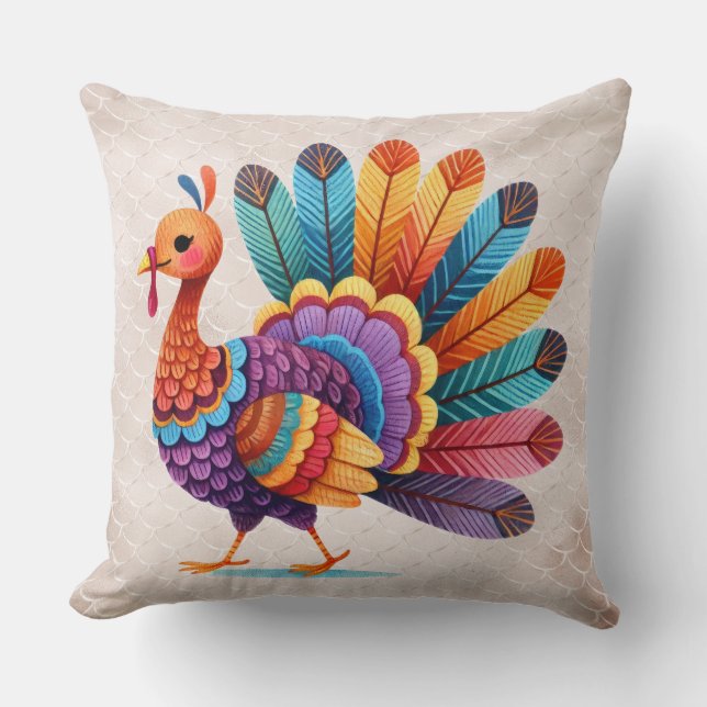 Thanksgiving Bright Feathers Turkey Throw Pillow (Front)